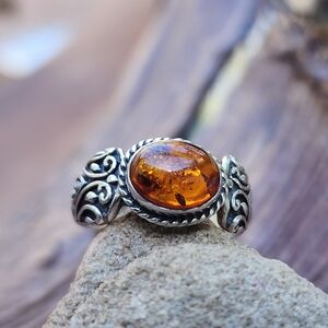 Amber Celtic Ring Sterling Silver 925 Baltic Honey Cognac Natural Amber Jewelry